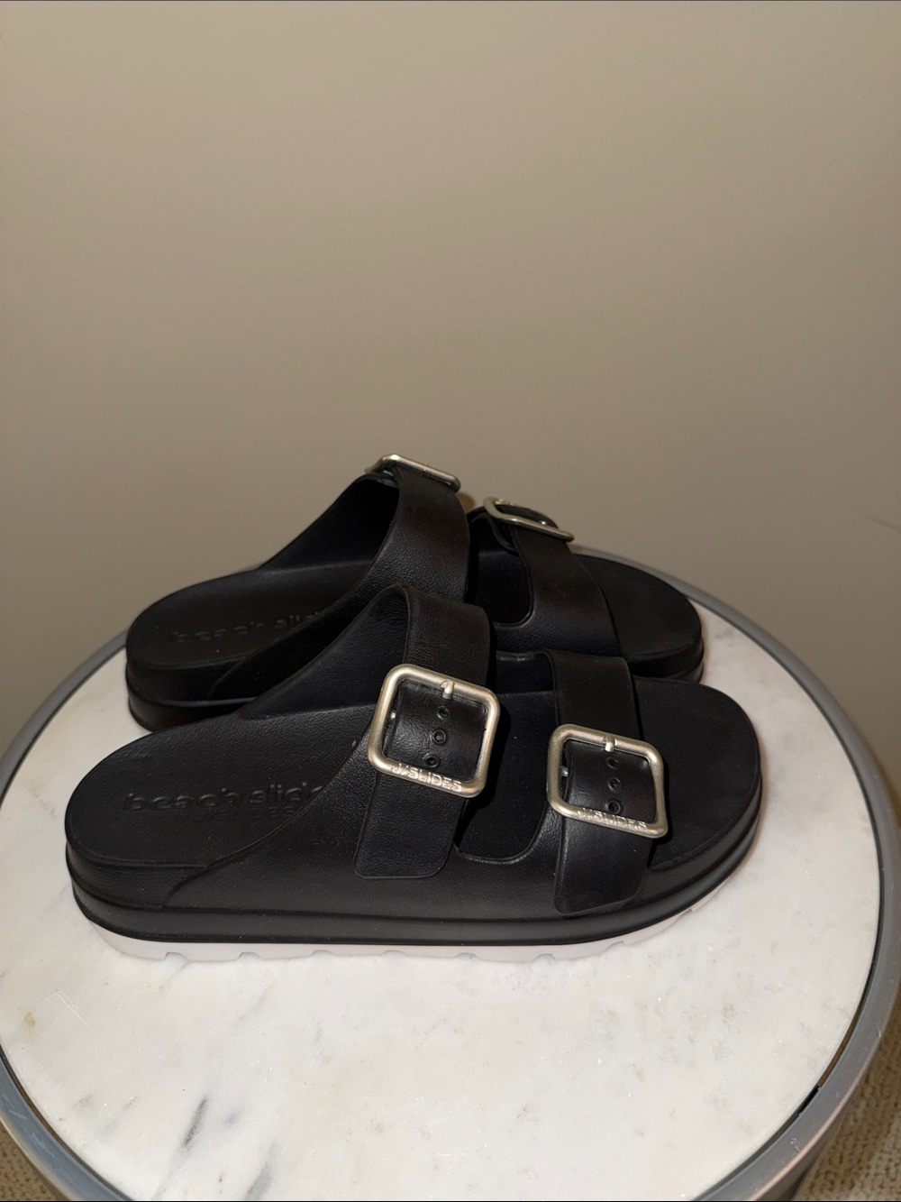 J Slides Black Rubber Double-Buckle Women's Slide Sandals